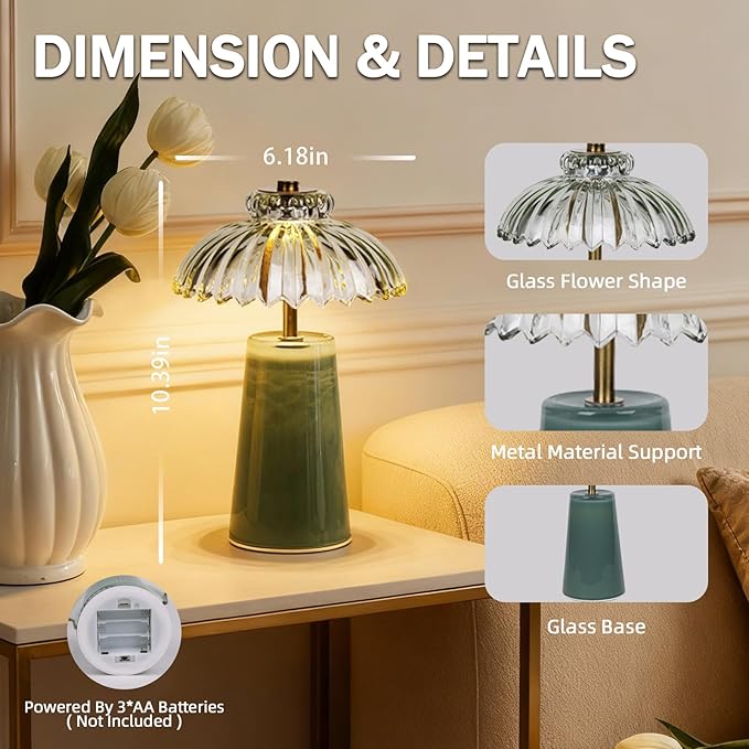 MJ PREMIER Cordless Lamp, Battery Operated Lamp with Timer, Crystal Glass Flower Lampshade, Small Table Lamps, Decorative Led Light for Bedroom Living Room Shelf (L-Green)