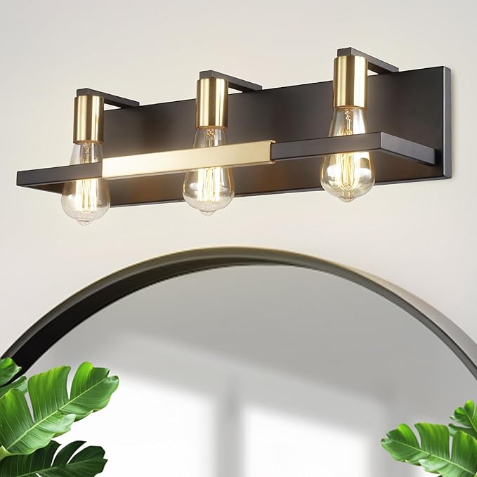 Hamilyeah Rustic Bathroom Light Fixtures Over Mirror, Matte Black and Gold Vanity Lights for Bathroom, 3 Light Vintage Wall Lighting Fixtures,Industrial Kitchen Wall Mounted Lighting