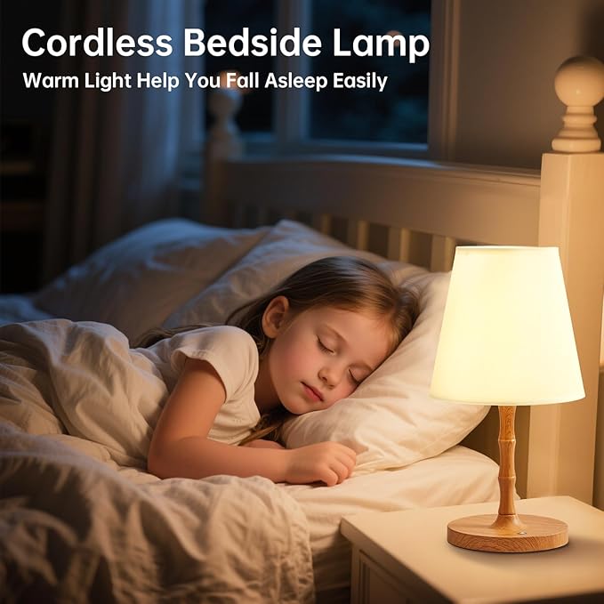 Table Lamp Bedside Desk Lamp,Cordless Rechargeable Battery Operated Lamps for Bedroom Night Stands,3 Colors Touch Dimmable Small Table Kitchen Lamps for Living Room,4000mAh LED (Fabric Shade)