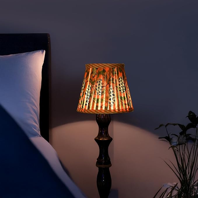 Ridhi Block Print Dark Salmon Lamp Shade 4" Top x 5" Bottom x 6" Slant Set of 2 Handmade Pleated Cotton Lampshade, Fits E26/E27 Base Table Lamps Boho Vintage Decorative For Bedroom, Living Room