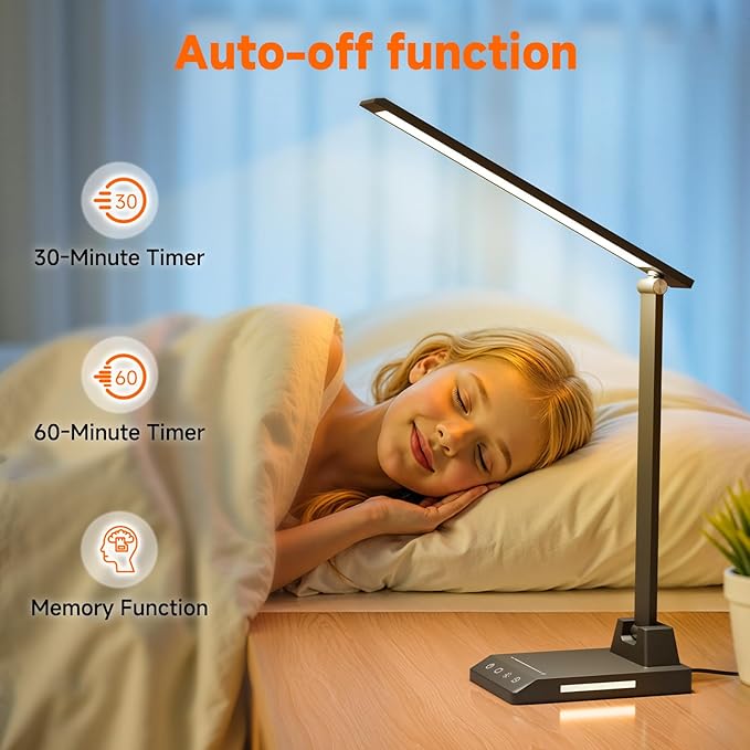 ShineTech LED Desk Lamp with USB-C Charging Port, Dimmable Desk Lamp for Home Office, Eye-Caring Reading Lamp with 25 Lighting Modes, Small Desk Light for Bedroom Nightstand with Adapter