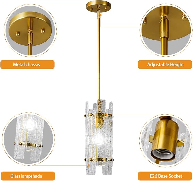 Modern Crystal Pendant Lighting Gold Pendant Lights Mini Glass Chandeliers, Adjustable Pendant Light Fixture for Kitchen Island Bedroom Living Room Dining Room Corridor(3Pack)