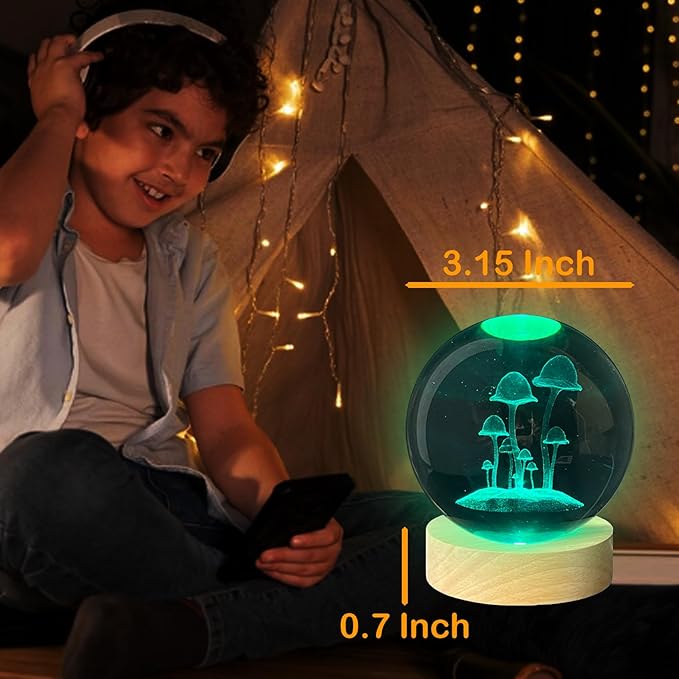 Catta Mushroom Night Light Gifts for Women, 16 Colors Cottagecore Mushroom 3D Engraved Crystal Ball Night Light for Bedroom Decor, 3.15Inch(16 Colors, Remote Control)