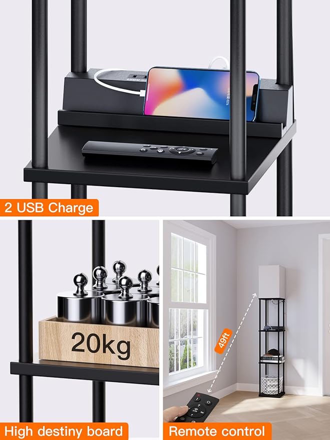 addlon Shelf Floor lamp with 2 USB Ports and Power Outlet, Remote Control Floor lamp for Living Room with 3 Color temperatures led Bulb, Display lamp for Bedroom and Office - Black