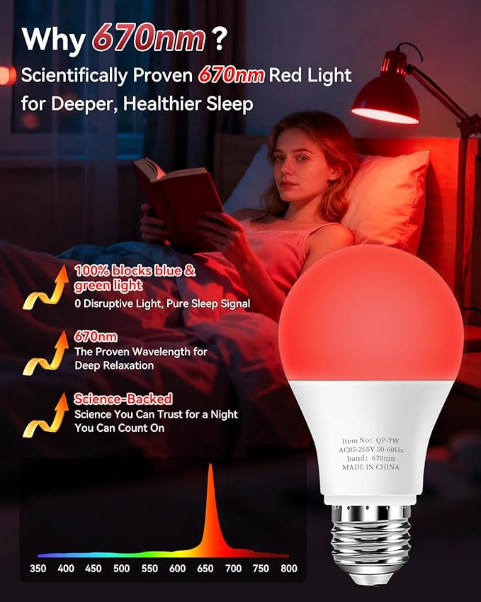 Neporal 7W 670nm Red Light Bulbs for Sleep, 100% Blue Light Blocking Bulb, Red Light Night Light for Melatonin Promoting, A19 60W Equivalent Dim Light Bulbs for Bedroom, Baby Nursery, Reading,2 Pack