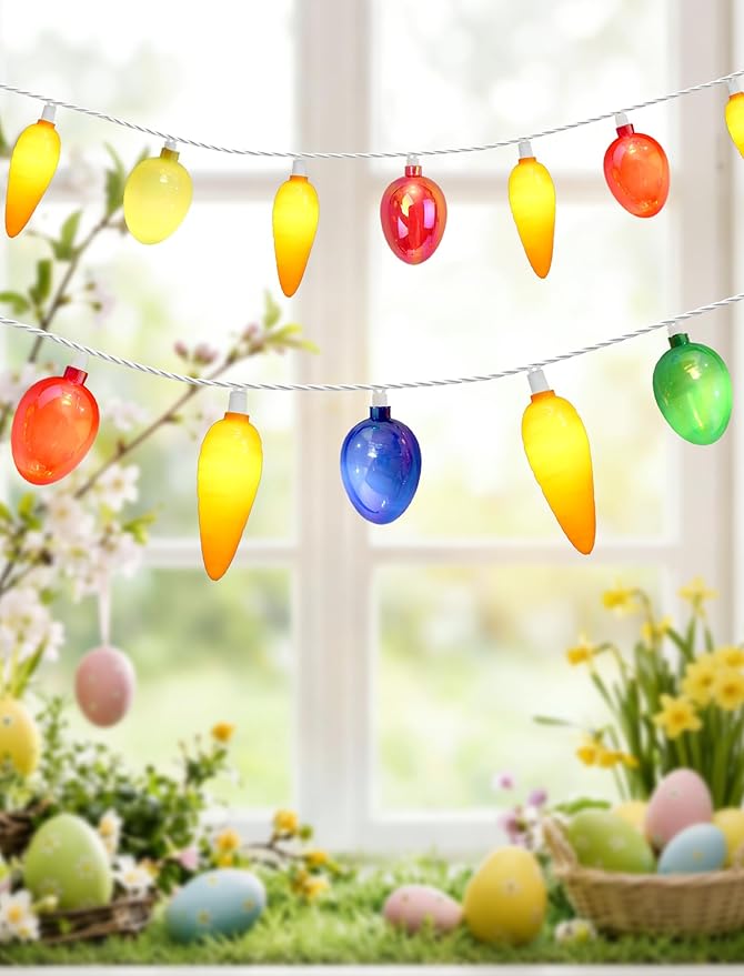 12Ft Connectable Easter String Lights, 20 LED Warm White Carrot & Electroplated Egg, UL Waterproof, Indoor Outdoor Decor