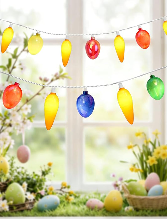 12Ft Connectable Easter String Lights, 20 LED Warm White Carrot & Electroplated Egg, UL Waterproof, Indoor Outdoor Decor
