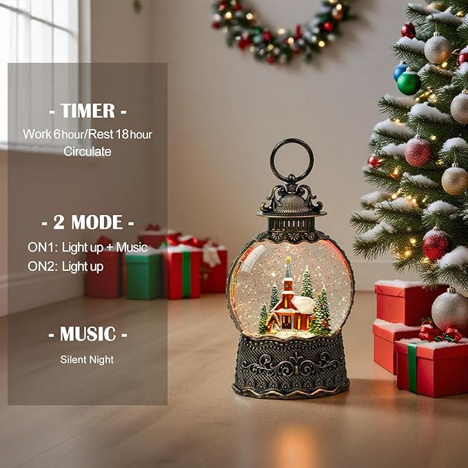 Christmas Snow Globes Church Snow Globe Lantern, Lighted Christmas Decorations Indoor for Home with Music Timer Glitter, Nativity Musical Festival Gifts, USB & Battery Operated 10.6 inch
