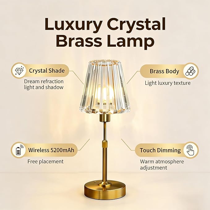 Crystal Glass Table Lamp - Cordless & Rechargeable with 5200mAh, Warm White Stepless Dimming, Portable Reading Light for Bedroom Nightstand, Living Room Home Decor
