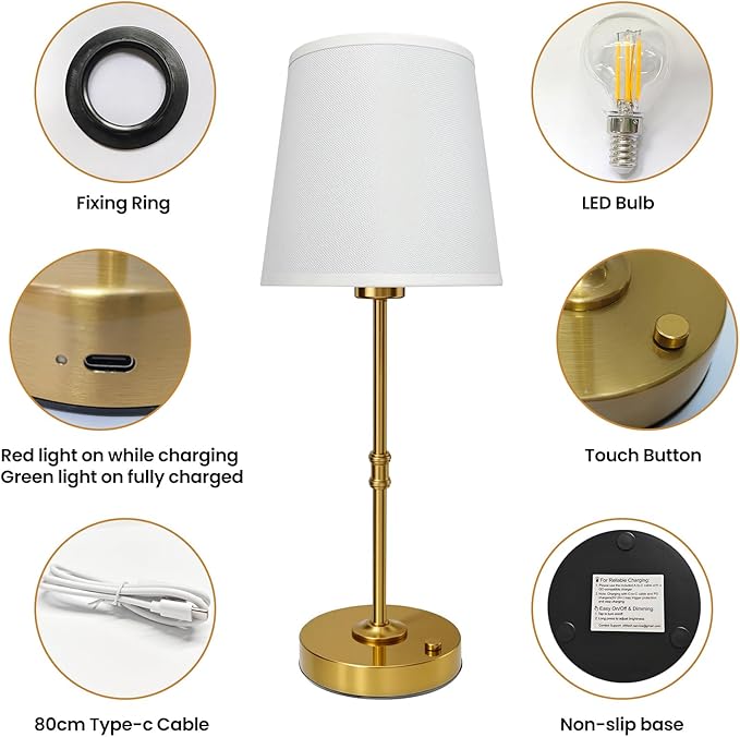 Gold Portable Cordless Table Lamp, Rechargeable Bedside Lamp, Stepless Dimming Touch Control Nightstand Lamp, 2700K Warm Light, Vintage Desk Lamp for Living Room, Dining Table Decor (Tall)