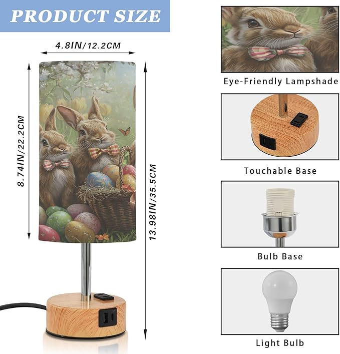 ALAZA Bedside Table Lamp Rabbit Easter Bunny Egg Touch Lamp for Bedroom 3 Way Dimmable Nightstand with USB Charging Ports Living Room, LED Bulb Included