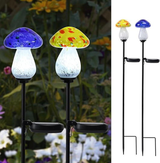 Bshine Mushroom Solar Outdoor Lights, 2 Pack Mushroom Lamp Handmade Blown Glass Waterproof Metal Stakes Decoration Garden, Outdoor Yard Art Decoration Pathway, Lawn Ornaments, Gift for Mom