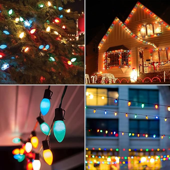 50FT C7 Christmas Lights Outdoor, Multicolor Vintage Christmas Lights String with 50+5 Ceramic Bulbs,Hanging Christmas Light Green Wire for Holiday Party Wedding Christmas Decorations