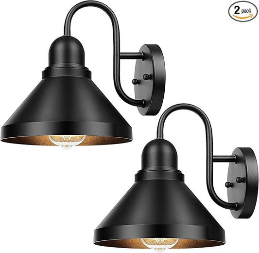 Brightever Gooseneck Outdoor Light Fixtures, 2-Pack Farmhouse Barn Lights for Porch, Industrial Black Exterior Wall Sconce for Garage, Patio, E26 Base Anti-Rust, Bulb not Included