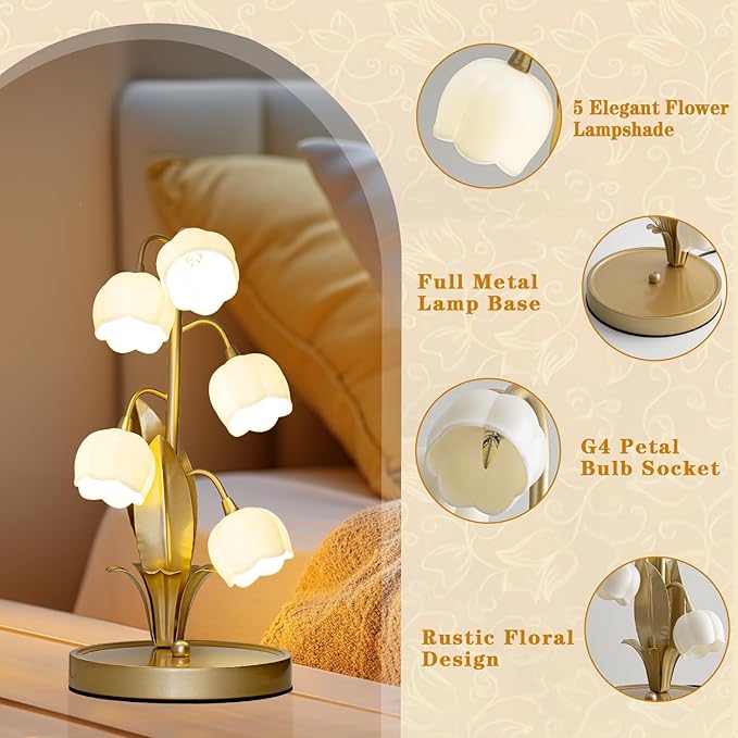 Flower Table Lamp, Lily of The Valley Lamp for Bedside Accent 3 Color Modes Cottagecore Soft Reading Night Light for Bedroom, Corner, Dorm, Entrance Home Vintage Decor (Gold)