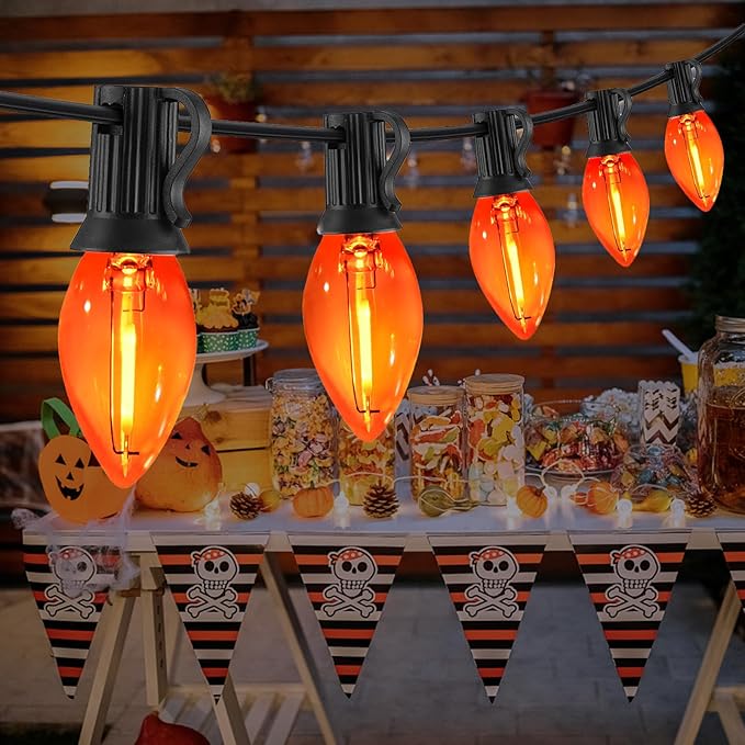 12FT Orange Halloween Lights Outdoor, C7 LED String Lights Plug in with Black Wire for Patio, Porch Railing, Walkway, Party Backdrop Decor