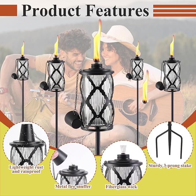6 Pack Glass Citronella Torches, 16 oz Garden Torch for Outside, 55 inch Outdoor Clear Glass Citronella Torches with 3-Prong Grounded Stake for Garden, Patio, Party, Landscape Decor
