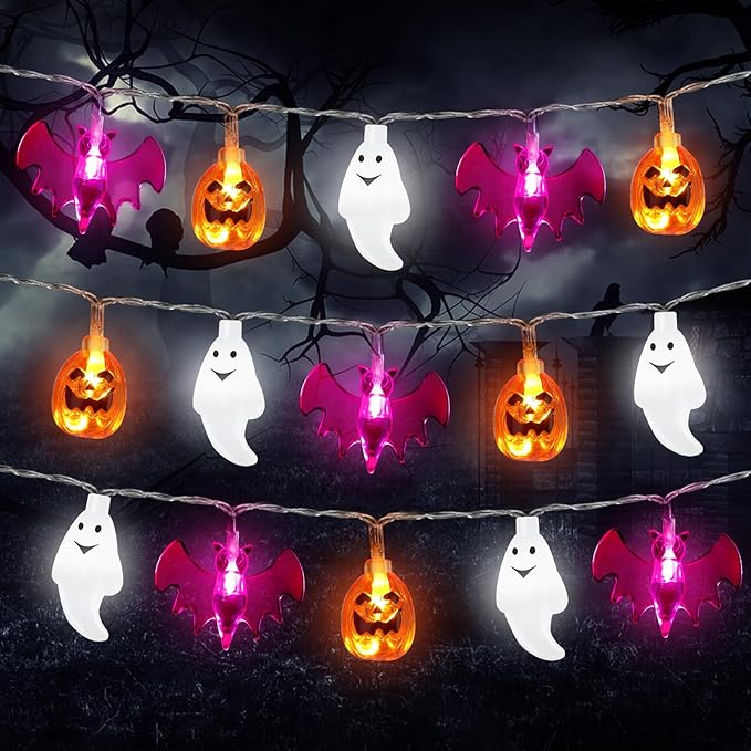Retisee 10 ft Halloween Lights Decorations 3D Pumpkin Bat Ghost Battery Operated String Lights Halloween Fairy Light for Home Window Indoor Outdoor Party Porch Decor