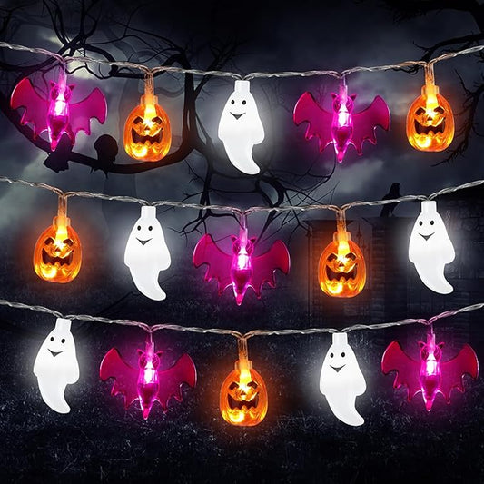 Retisee 10 ft Halloween Lights Decorations 3D Pumpkin Bat Ghost Battery Operated String Lights Halloween Fairy Light for Home Window Indoor Outdoor Party Porch Decor