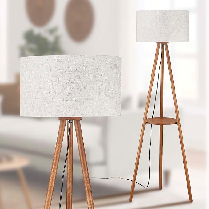 BTP Wood Tripod Floor Lamp, Farmhouse Shelf Wooden Standing light Drum Shade for Living Room, Bedroom, Office, Footswitch,ETL Listed/Brown Wood Color, 3 Color Temparature LED Bulb Include
