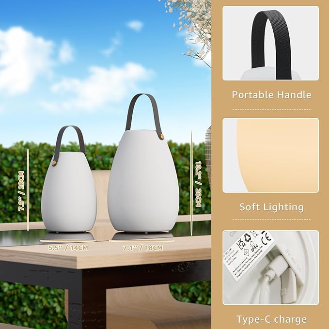 uuffoo 2 Pack Rechargeable Portable Table Lamp, Cordless RGB Lantern with Remote, Decorative LED Night Light, IP44 Waterproof Indoor Outdoor Lamp for Bedroom Patio Garden Wedding Party