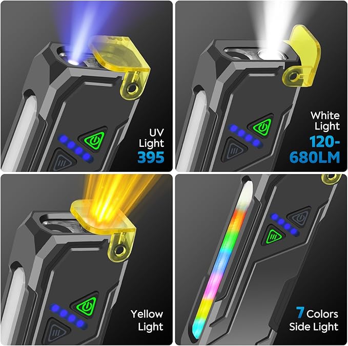 Rechargeable Flat EDC Flashlight with Yellow Light Diffuser UV Black Light Magntic Bace Clip for Home Use and Camping Dog Walking Outdoor Activitie