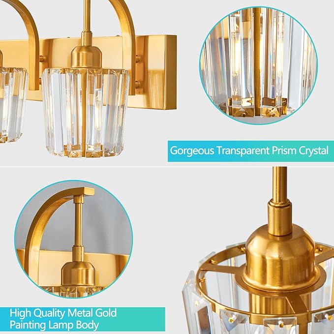 Modern Bathroom Vanity Light, 3-Light Gold Wall Sconce with Crystal Accents, Over Mirror Bathroom Lighting Fixture, 23.62" Long Dimmable Vanity Lamp for Makeup, Easy Installation