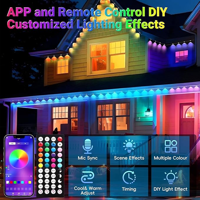 Permanent Outdoor Lights IP67 Waterproof Smart RGB,Music Sync,Timing Function,Remote Control for All Holiday Decor Decorations Light (200FT Permanent Outdoor Lights)