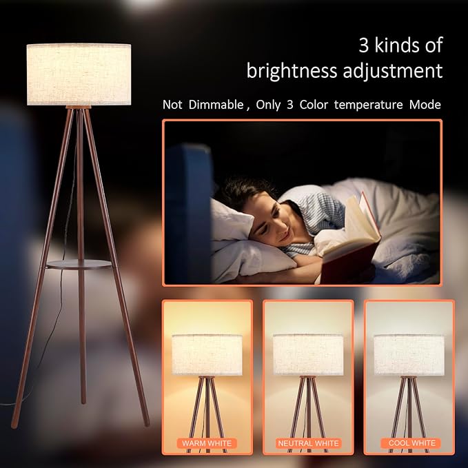 BTP Wood Tripod Floor Lamp for Living Room, 3 Color Temparature LED Bulb Included, Mid Century Modern Wooden Shelf Floor lamp with Linen Shade for Bedroom, Office, Walnut Wood Color