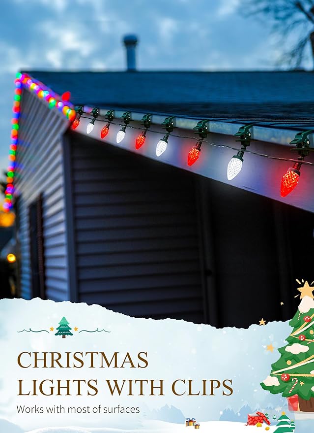 C9 LED Christmas Lights Outdoor, 99 Feet 150 LED C9 String Lights with 150 Spring Clips, Waterproof Connectable Christmas Tree Lights for Outside Roofline Patio Home Xmas Decor, Red & Pure White