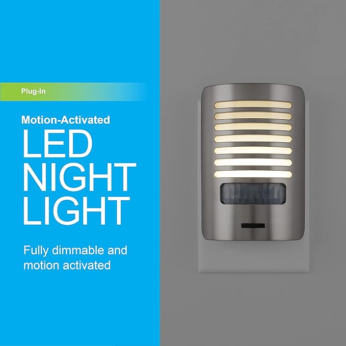 GE LED Night Light, Motion Sensing, Dimmable, Louver Shade, Brushed Nickel, Plug-in, UL-Certified, Ideal Nightlight for Bedroom, Bathroom, Kitchen, Hallway, and More, 67551