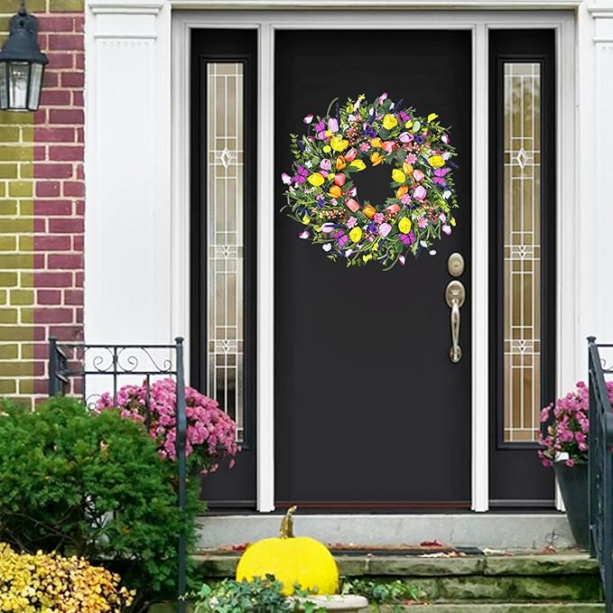 24 Inch Spring & Summer Artificial LED Tulip Wreath with LED Lights, Multicolor, for Easter, Holidays & Celebrations