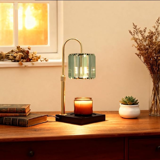 Candle Warmer Lamp Green with Timer, Dimmable Electric Candle Wamer Adjustable Height, Gifts for Women Mom, Glass Modern Candles Melter Lamp