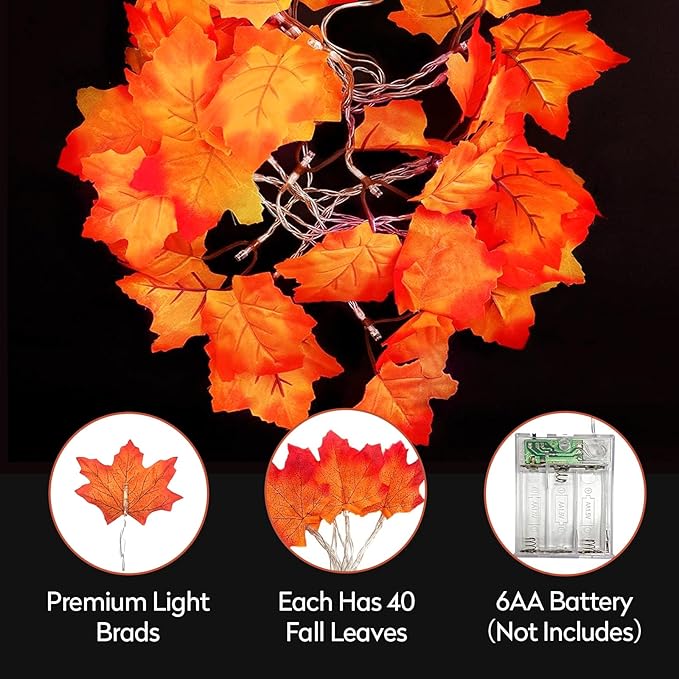 2 Packs Fall Decor Maple Leaves String Light,Waterproof Total 20Ft 40 LED, Battery Operated String Light for Home Mantel Porch Door Indoor Outdoor Halloween Thanksgiving Decor