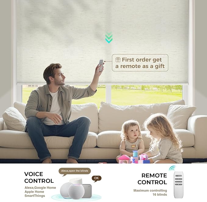 HeyBlinds Motorized Roller Shades, Smart Blinds for Windows, Remote Automatic Window Shades, Electric Shades, Light Filtering, Compatible with Alexa Google Apple Home (Nature-Oat Milk LF)
