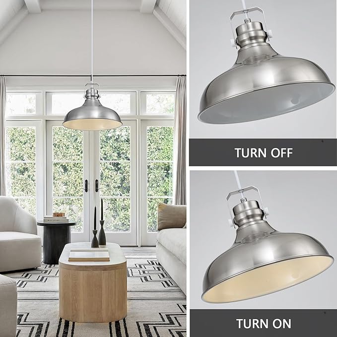 Brushed Nickel Farmhouse Pendant Lights Matte Pendant Lighting for Kitchen Island Industrial Adjustable Height Vintage Dome Hanging Light Fixtures for Barn, Dining Room 2 Packs