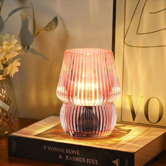 Small Battery Operated Lamp with Timer, Tiny Cordless Glass Table Lamp for Home Decor, Kitchen, Bathroom, Birthday Gift for Women, Mushroom, Pink