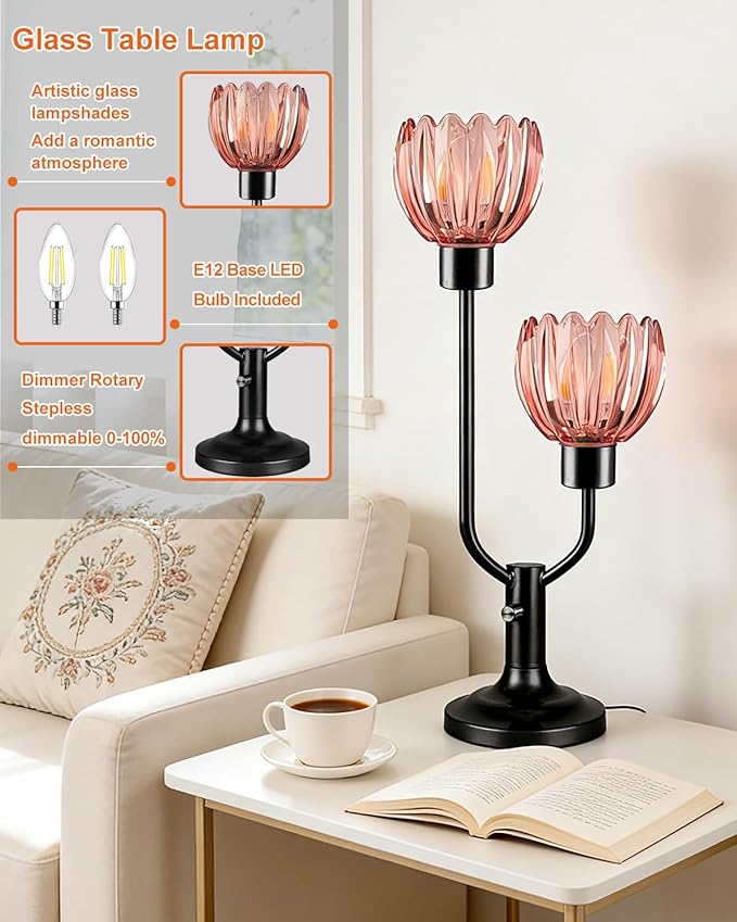 Lightdot Mid Century Modern Glass Table Lamp Black Dimmable U-Shaped Desk Lamps with Deep Red Lotus Glass Shade& 2Pcs 3000K Warmwhite Bulbs Included Bedside Nightstand Lamp for Living Room Bedroom