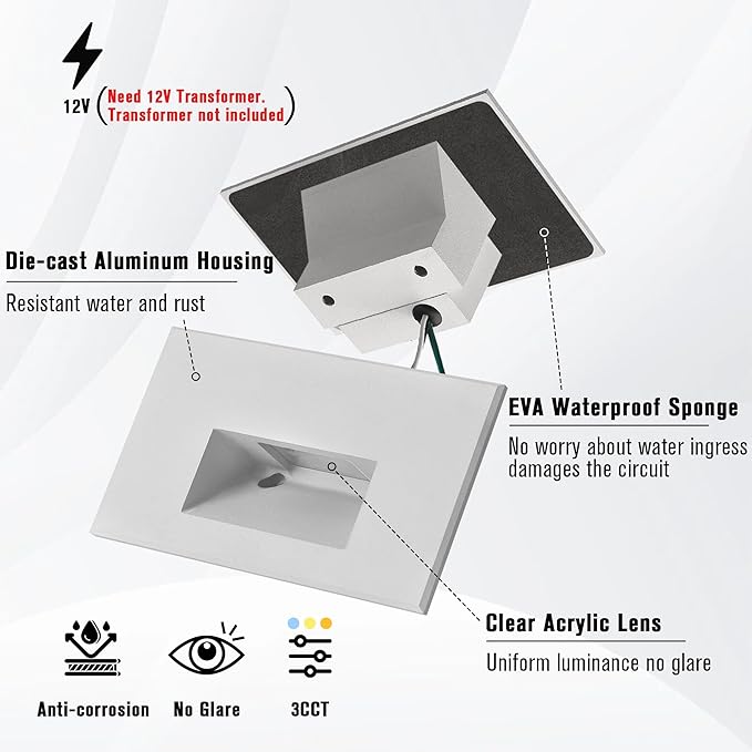 12-Pack Step Lights - Outdoor/Indoor Stair Lights, 12V LED, 3000K/4000K/5000K Color Changing, IP66 Waterproof, Horizontal for Steps