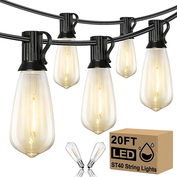 20FT LED Outdoor String Lights,Edison Lights Outdoor String with 22 Shatterproof ST40 Vintage Edison Bulbs,Outside Lights Waterproof for Outside Backyard Porch,Garden,Black