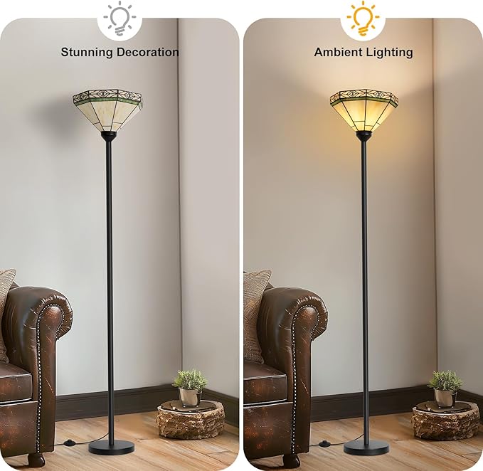 Floor Lamp with Stained Glass Shade, Vintage Style Torchiere Standing Lamp, Tall Pole Lamp with Foot Switch, Mid Century Modern Decorative Corner Light for Living Room Bedroom Home Office(E26 Base)