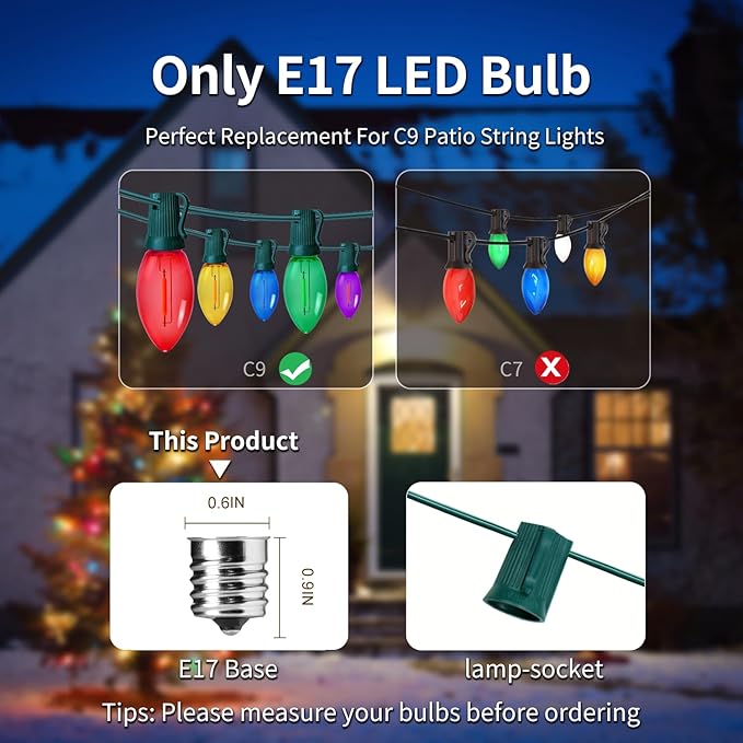 KGC C9 LED Replacement Christmas Lights Bulbs-0.6W Equivalent to 7W, C9 Shatterproof & Waterproof Plastic LED Bulbs, E17 Screw for Indoor Outdoor Patio String Lights - Multicolor 50 Pack