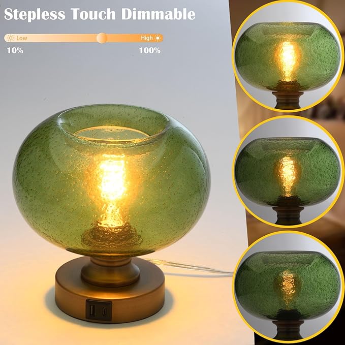Mid Century Glass Table Lamp,Dimmable Desk Lamp,LED Bulb Included,Touch Control & USB A+C Port,Green Seeded Glass