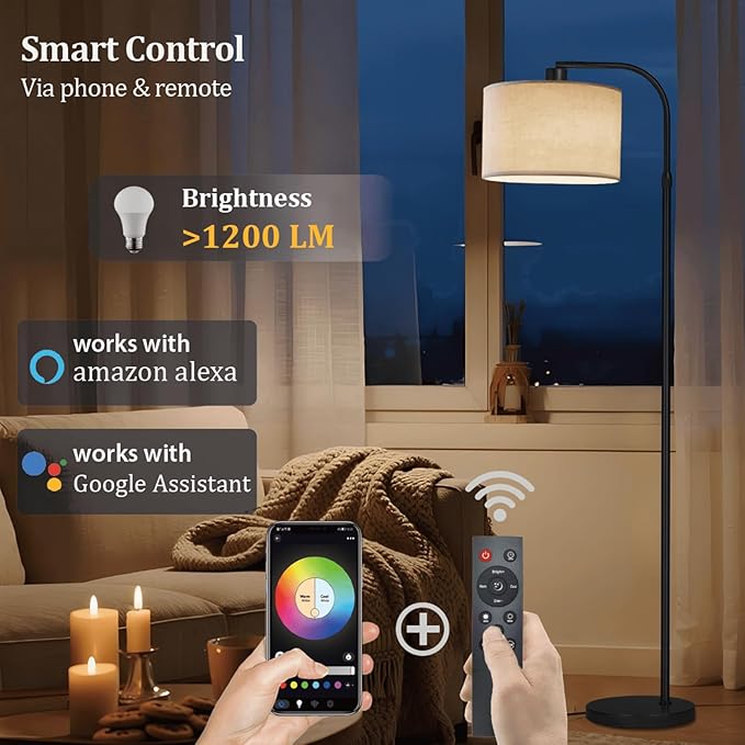 Black Floor Lamp with Remote Control, 1200 Lumens Adjustable Height Arc Floor Lamps for Living Room, Black Standing Lamp Dimmable for Bedroom, Office, LED Smart Bulb Included