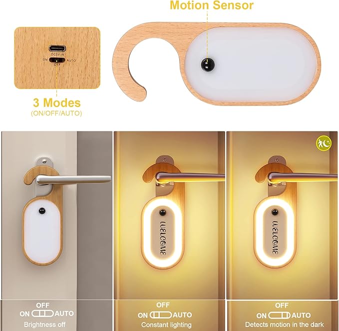 Wooden Message Memo Motion Sensor Door Key Night Light, Doorknob Board LED Door Lock Lamp, Rechargeable Doorhandle Warm Light Hook Design for Bedroom, Bathroom