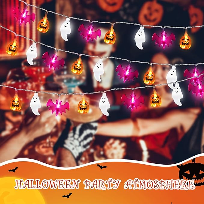 Retisee 10 ft Halloween Lights Decorations 3D Pumpkin Bat Ghost Battery Operated String Lights Halloween Fairy Light for Home Window Indoor Outdoor Party Porch Decor