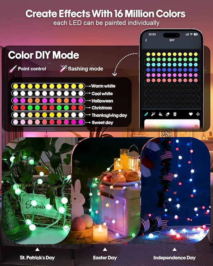 Color Changing Globe String Lights, 66ft Smart RGB-IC Fairy Lights with Remote & APP Control, Mini Ball LED Twinkle Lights Hanging for Indoor Bedroom Living Room Party Christmas Decor
