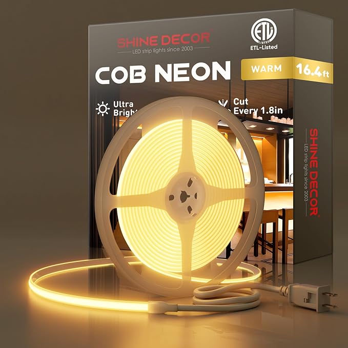Shine Decor COB LED Rope Light AC 120V, 800lm Ultra Bright, IP65 Waterproof Cold-Resistant ETL Neon Strip, No Driver Tape Lighting for Home Commercial 10x4.5mm, 2800K Warm White, 16.4ft