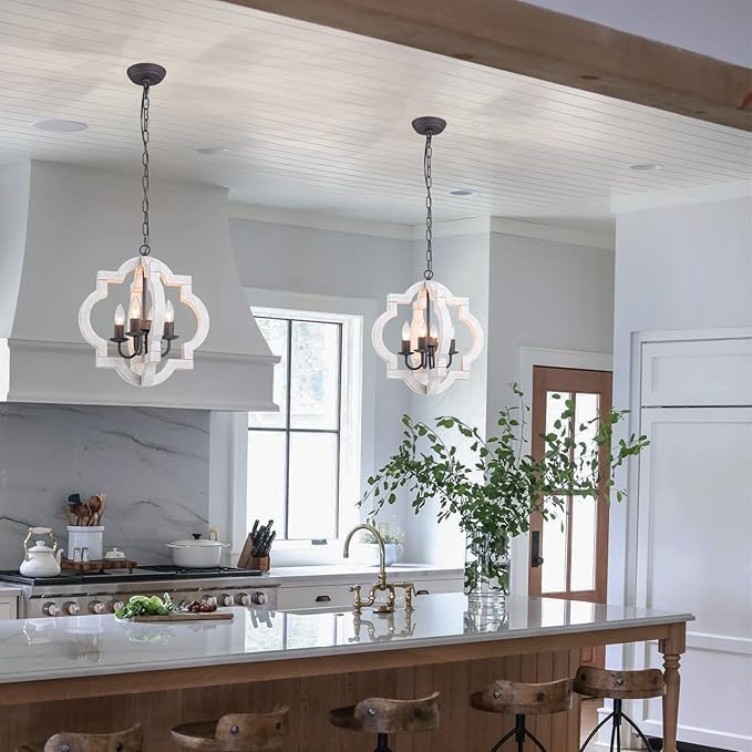 16" Oak Farmhouse Chandeliers for Dining Room Light Fixture Orb Distressed White Wood Pendant Light Kitchen Chandeliers Over Table Ceiling Hanging Light for Island Living Room Bedroom Entryway Foyer