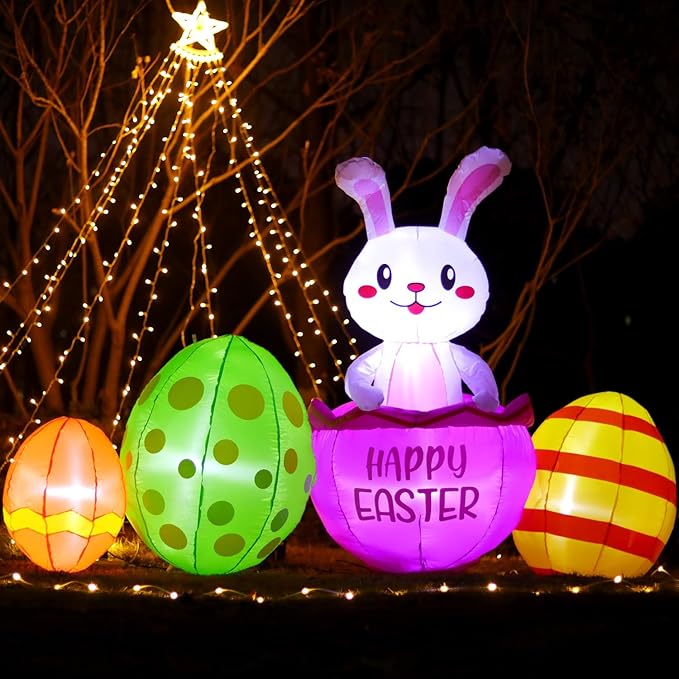 7FT Long Easter Inflatable Bunny Outdoor Decorations with Eggs, Build-in LED Lights Holiday Blow Up Yard Decoration, for Easter Holiday Party, Outdoor,Garden, Yard Lawn Décor